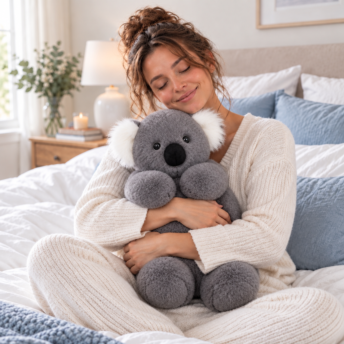 Embrces koala i famnen i en säng med vita och ljusblå sängkläder